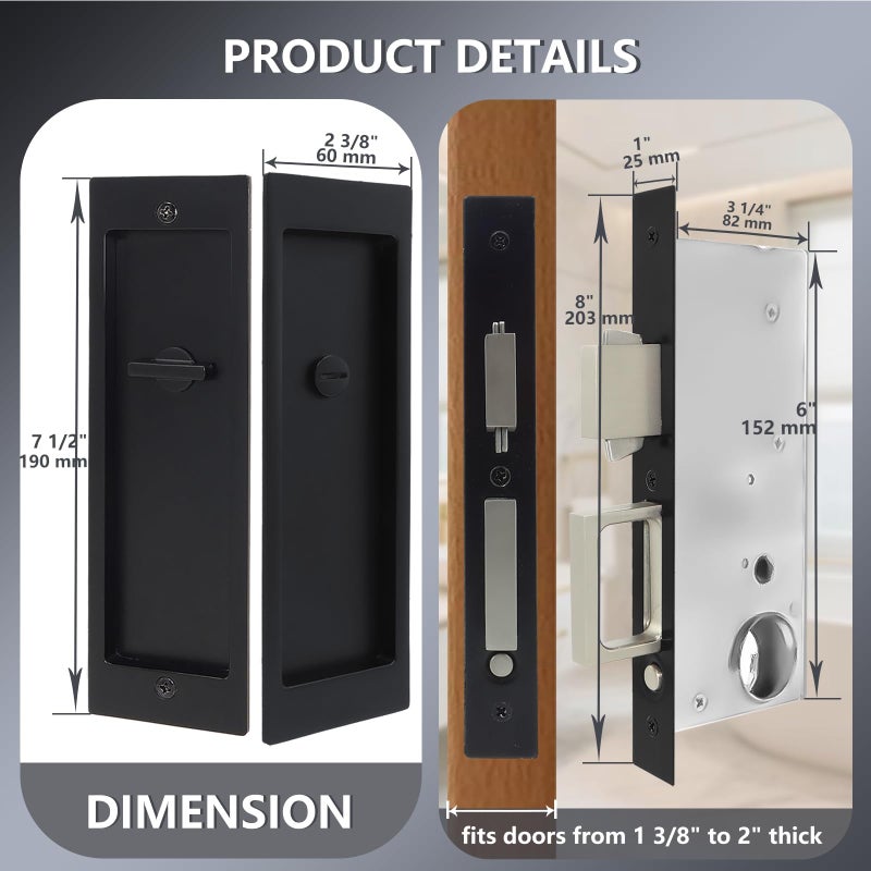 Foswdero Pocket Door Lock with Privacy Hardware, Pocket Door Handle and Pull, Pocket Door Latch for Bathroom, Fits Doors from 1 3/8" to 2" Thick (Matte Black, 1801) - Image 4