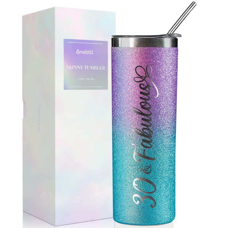 Onebttl 30th Birthday Gifts for Women Female Her  30 and Fabulous  20oz590ml Stainless Steel Insulated Glitter Tumbler with Straw Lid Message Card  PurpleBlue Gradient