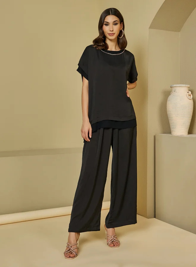 Elena by DStyle Elena by DStyle Silk Matte Longline Top and Wide Leg Pants Modest Set