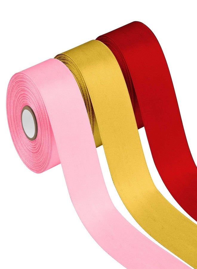 Caleihd Ribbon for Gift Wrapping, 3 Pack 75 Yards 1-1/2 inch Satin Ribbon Bows for Gift, Crafts, Flower Bouquet, Floral, Hair, Christmas, Wedding, Birthday Decoration Pink&Red&Gold - Image 1