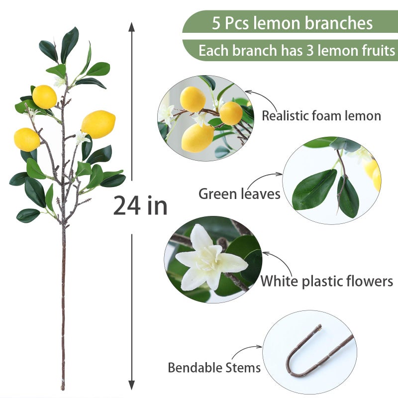 mizii 5pcs 24â€œ Artificial Lemons Branches 15 Head Fake Lemon Fruit with Stem Greenry Realistic Faux Lemon Decorations for Kitchen Party Centerpiece Table Office Spring Summer Decor (Lemon) - Image 2
