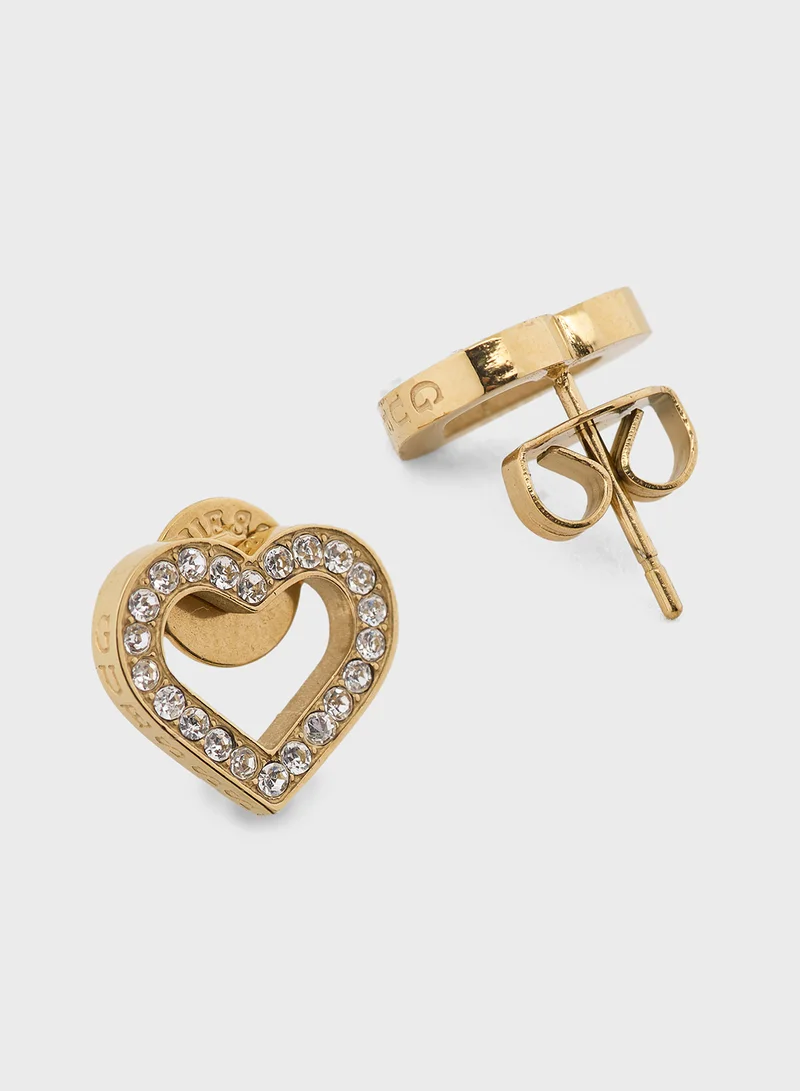 GUESS Heart Frame Clear Yg Stud Earrings