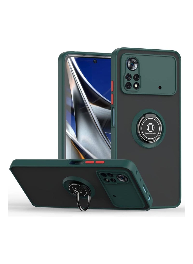 غطاء Xiaomi Poco M4 Pro 4G مع حامل حلقة ودعامة خلفية غير لامعة وحافة ناعمة غلاف واقي هجين لـ Xiaomi Poco M4 Pro 4G باللون الأخضر