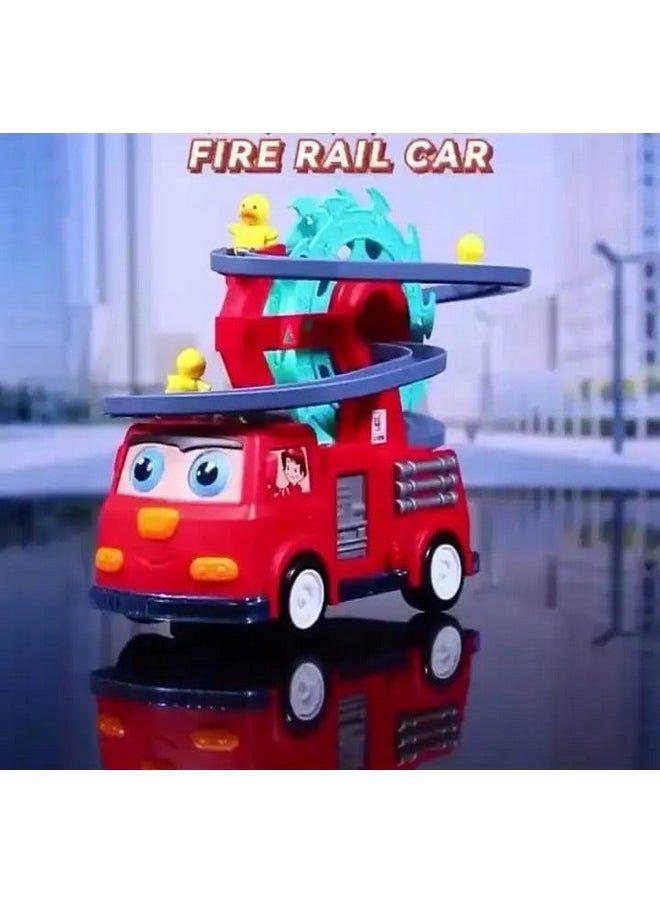 Goyal's Fire Rail Car Duck Swivel Slide, Funny Automatic Stair-Climbing Ducklings Cartoon Race Track Set Little Lovely Duck Slide Toy Escalator with Lights and Music