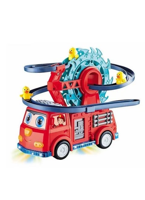 Goyal's Fire Rail Car Duck Swivel Slide, Funny Automatic Stair-Climbing Ducklings Cartoon Race Track Set Little Lovely Duck Slide Toy Escalator with Lights and Music