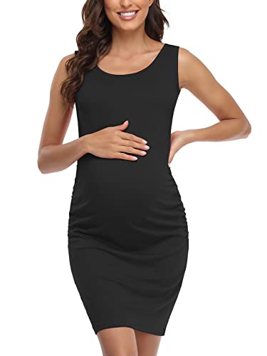BBHoping Women's Maternity Sleeveless Dresses Maternity Tank Dress Mama Baby Shower Pregnancy Dress B-Black - Image 2