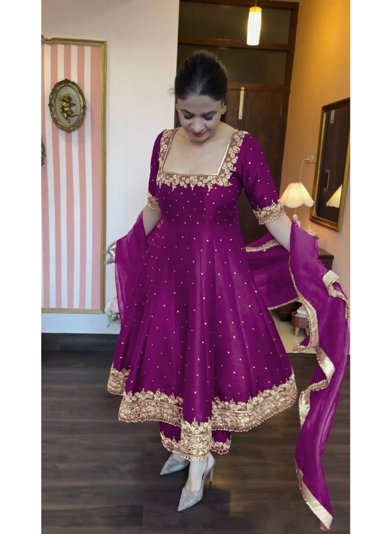 Super Asian Designer Anarkali Gown Set with Palazzo & Dupatta – Premium Embroidery & Fancy Lace Work - Image 1