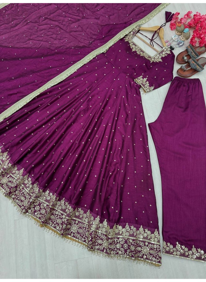 Super Asian Designer Anarkali Gown Set with Palazzo & Dupatta – Premium Embroidery & Fancy Lace Work - Image 4