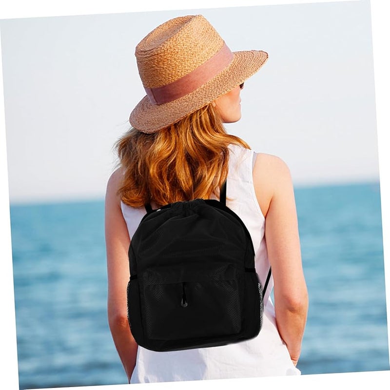 حقيبة ظهر أوكسفورد متينة بحبل سحب مقاومة للماء لحملات الجيم الرياضية مع جيوب شبكية باللون الأسود - Image 5