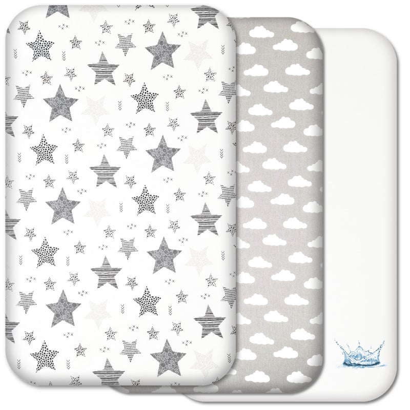 Selemavi Next to Me Crib Sheets - 3pc Crib Sheets Set - 2 Fitted Cotton Sheets and 1 Waterproof Mattress Protector for Bedside Cribs - 100% Organic Cotton - Made in Europe (Grey Stars&Clouds, 83x50cm) - Image 1