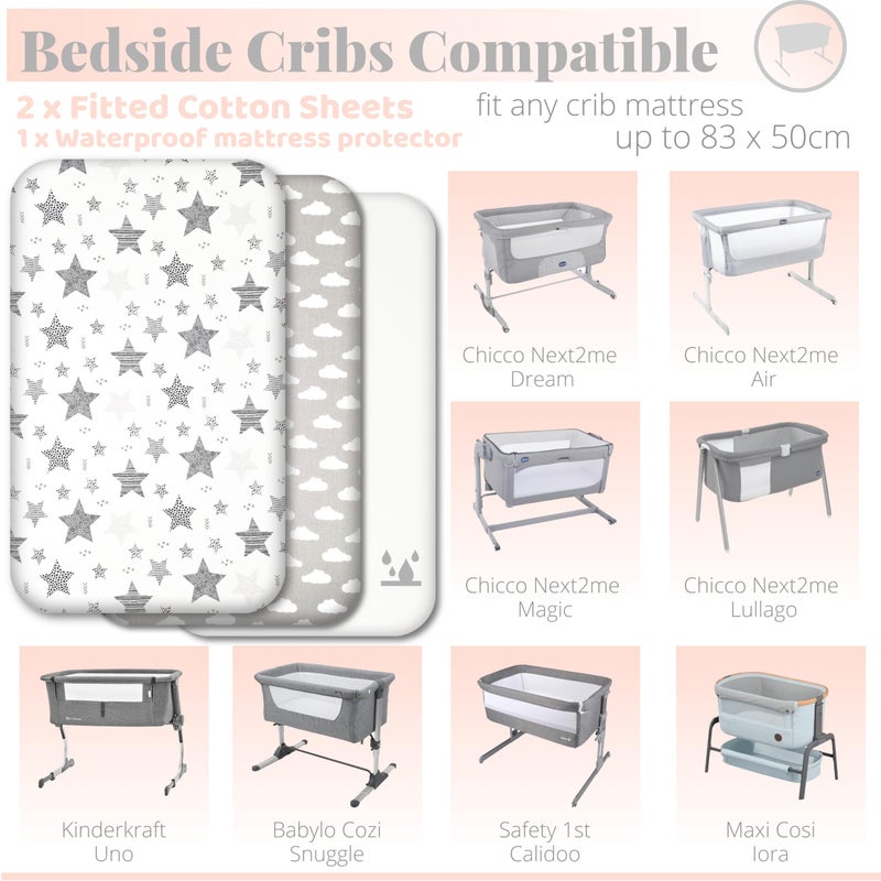 Selemavi Next to Me Crib Sheets - 3pc Crib Sheets Set - 2 Fitted Cotton Sheets and 1 Waterproof Mattress Protector for Bedside Cribs - 100% Organic Cotton - Made in Europe (Grey Stars&Clouds, 83x50cm) - Image 2