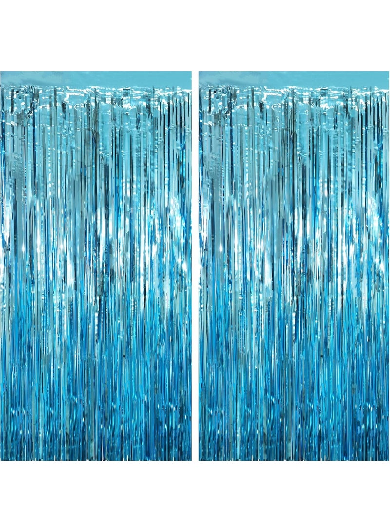 MARKQ Light Blue Foil Fringe Curtain | 1 x 2-meter Metallic Tinsel Streamers Party Backdrop for Halloween, Baby Shower, Wedding, Eid, Graduation, Birthday Party Decorations [Pack of 2] - Image 1