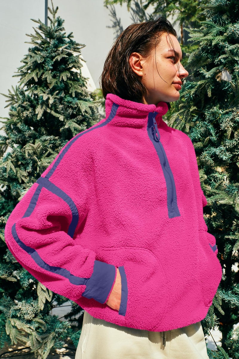 Panadila Womens Half Zip Fleece Pullover Sherpa Jacket Fuzzy Sweater Cozy Sweatshirt with Pockets Winter (Hot Pink,XL) - Image 3