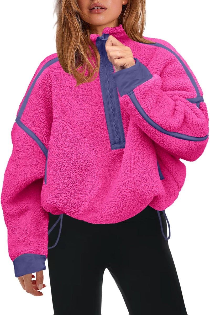 Panadila Womens Half Zip Fleece Pullover Sherpa Jacket Fuzzy Sweater Cozy Sweatshirt with Pockets Winter (Hot Pink,XL) - Image 1