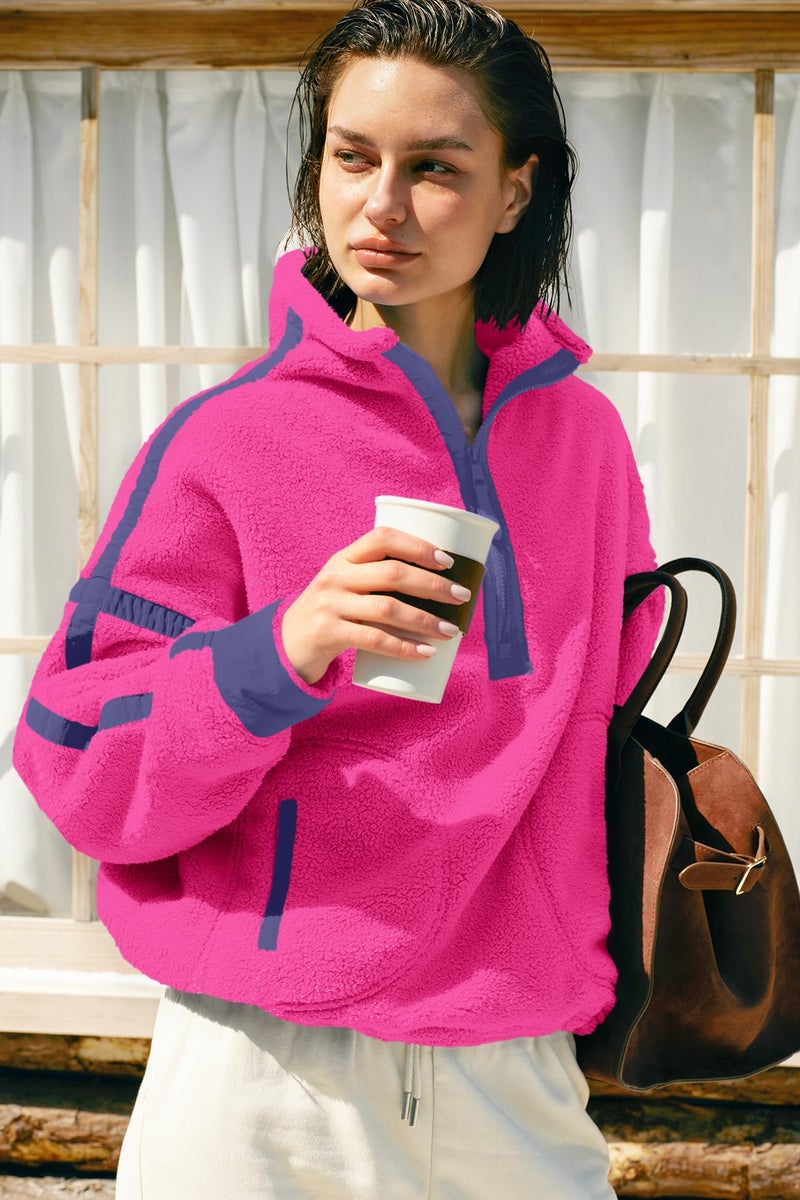 Panadila Womens Half Zip Fleece Pullover Sherpa Jacket Fuzzy Sweater Cozy Sweatshirt with Pockets Winter (Hot Pink,XL) - Image 4