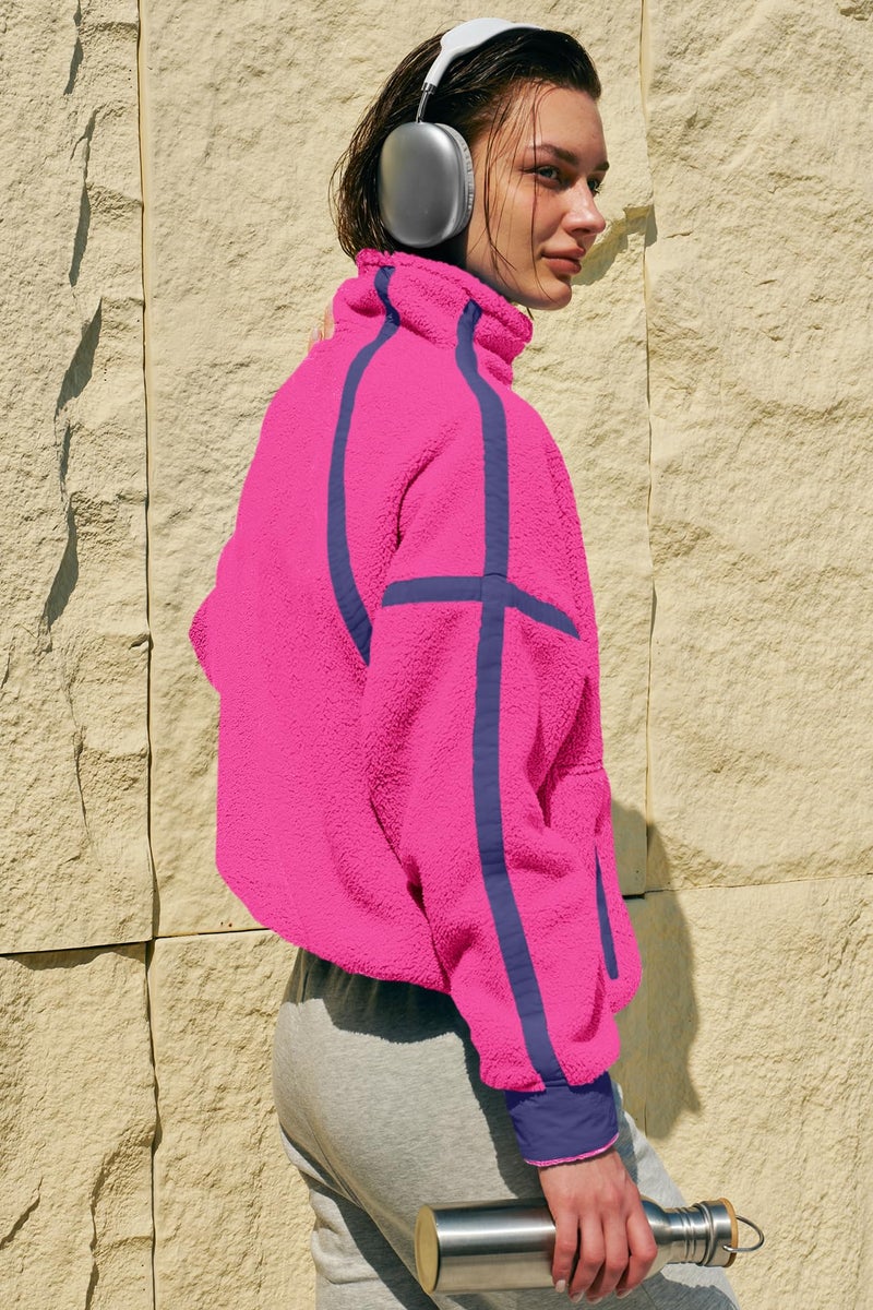 Panadila Womens Half Zip Fleece Pullover Sherpa Jacket Fuzzy Sweater Cozy Sweatshirt with Pockets Winter (Hot Pink,XL) - Image 5