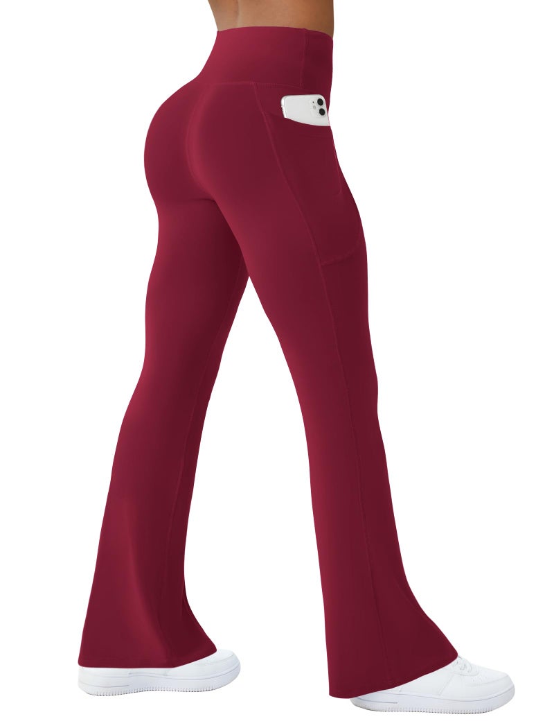 COPYLEAF Womens Yoga Pants with Pockets High Waisted Flare Leggings Bell Bottom Yoga Dress Pants Seamless Bootcut Pants(Wine Red L) - Image 1