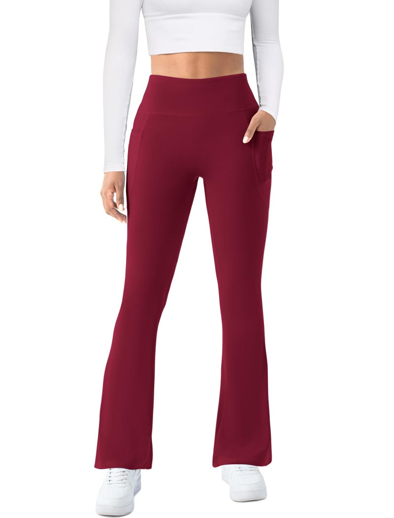 COPYLEAF Womens Yoga Pants with Pockets High Waisted Flare Leggings Bell Bottom Yoga Dress Pants Seamless Bootcut Pants(Wine Red L) - Image 2