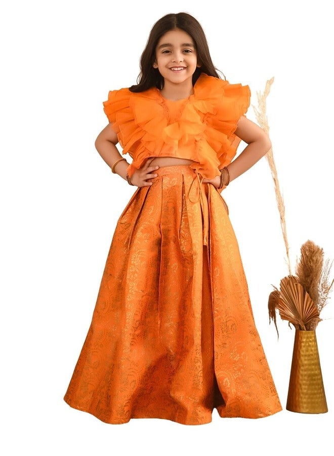 LILPICKS Ruffle Sleeveless Blouse with Brocade Flared Lehenga Set for Girls (Orange) (4-5Y) - Image 1
