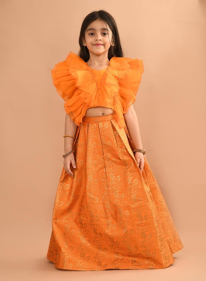 LILPICKS Ruffle Sleeveless Blouse with Brocade Flared Lehenga Set for Girls (Orange) (4-5Y) - Image 4