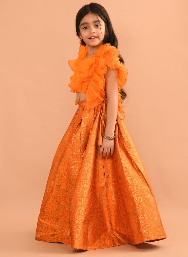 LILPICKS Ruffle Sleeveless Blouse with Brocade Flared Lehenga Set for Girls (Orange) (4-5Y) - Image 5