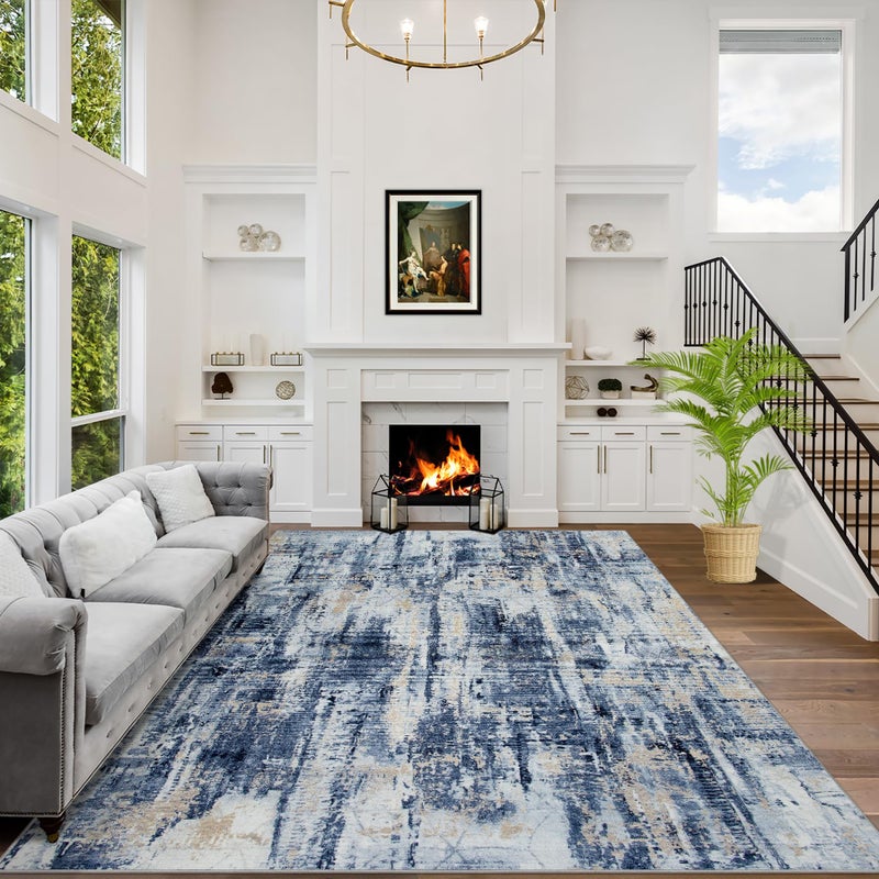 Gent drizz 8x10 Area Rugs Washable Rug: Large Modern Abstract Living Room Rug Soft Anti-Skid Thin Carpet Indoor Floor Non-Shedding Carpets for Bedroom Dining Room Farmhouse Nursery Home Office Blue Gold - Image 1