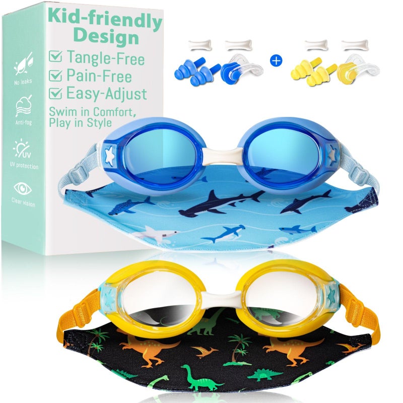 Pixel Panda 2 Pack Kids Swim Goggles with Fabric Strap for 3-14 Anti-Fog Anti-UV, No Leak No Hair Pulling Swimming Goggles Boys Girls Youth Toddlers Pool Water Protection(Blue and Yellow) - Image 1
