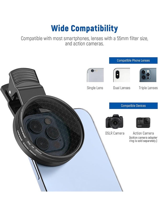 NEEWER 55mm ND/CPL/Effect Filter Set with Mobile Phone Camera Lens Clamp Clip, Polarizing ND32 6 Point Star 4 Graduated Colour Filters Kit Compatible with iPhone 16 15 14 Pro Max Plus 13 12 Samsung - Image 5