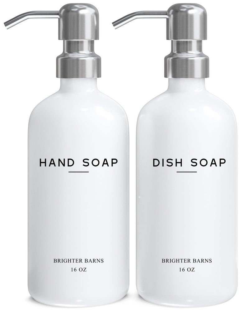 White Glass Hand and Dish Soap Dispenser Set by Brighter Barns  Modern Kitchen Soap Dispenser Set  Pump for Sink  Farmhouse Home Decor Minimalist Kitchen Accessories White