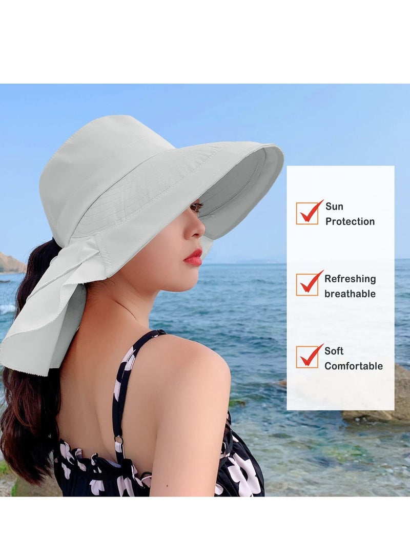 SYOSI Women'S Sun Hat Adjustable Beach Visor Fishing Hat With Neck Flap Summer Sun Hat Wide Brim Outdoor Uv Protection Hat Ponytail Bucket Cap For Beach Fishing Hiking Travel Light Gray  - Image 2