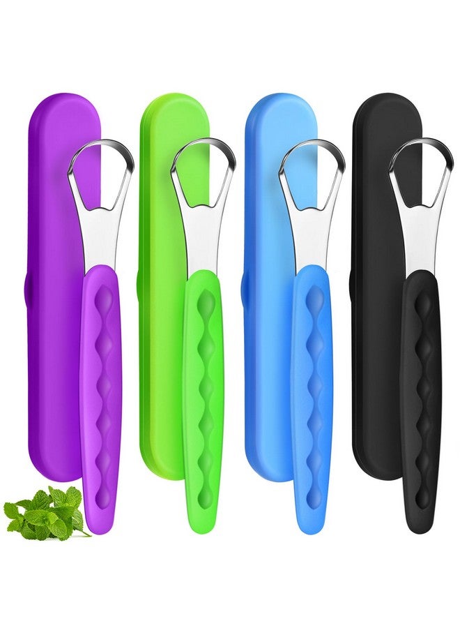 Yinkin 4 Pcs Tongue Scraper Cleaner Adults and Kids Stainless Steel Tongue Brush Metal Tongue Scraper Reduce Bad Breath with Travel Cases for Men Women Oral Mouth (Green, Blue, Black and Purple) - Image 1