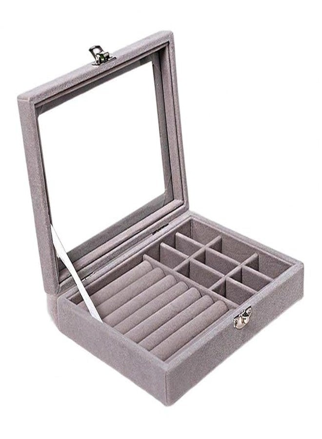 DORLANK Jewellery Organisers Gifts Velvet Clear Lid Portable Home Jwell organizer Storage Box Case with Dividers Container for Rings, Earrings, Necklace for girls and women (Grey) - Image 1