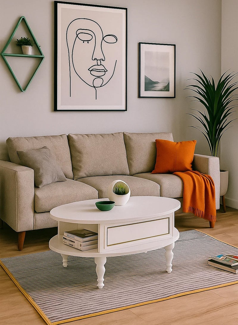 سحابة طاولة قهوة بطابقين 100x70x40سم - طاولة وسط بتصميم كلاسيكي رائع ولون ابيض ومزودة برف سفلي مناسبة لغرفة المعيشة - Image 1