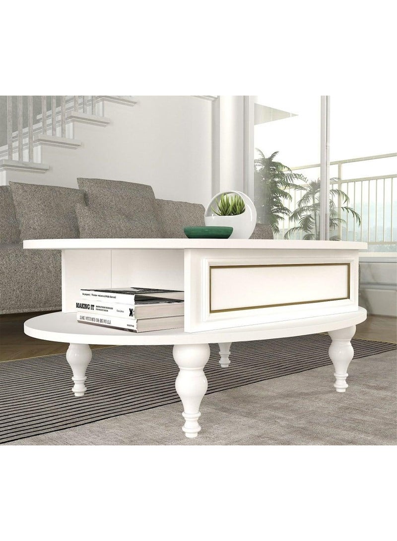 سحابة طاولة قهوة بطابقين 100x70x40سم - طاولة وسط بتصميم كلاسيكي رائع ولون ابيض ومزودة برف سفلي مناسبة لغرفة المعيشة - Image 4