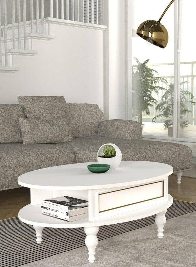 سحابة طاولة قهوة بطابقين 100x70x40سم - طاولة وسط بتصميم كلاسيكي رائع ولون ابيض ومزودة برف سفلي مناسبة لغرفة المعيشة - Image 2