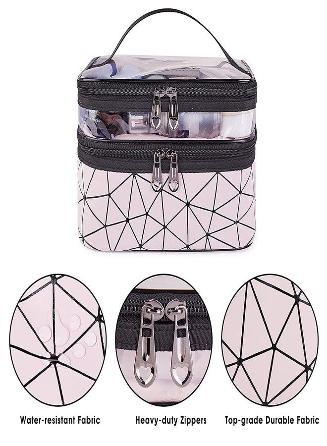 ERHETUS Luxury Double Layer Makeup Pouch for Women | Premium Cosmetic Bag for Girls | Toiletry Pouches Kit with Brush Holder | Travel Wash Bags and inner ware storage organizer - Pink Diamond - Image 5