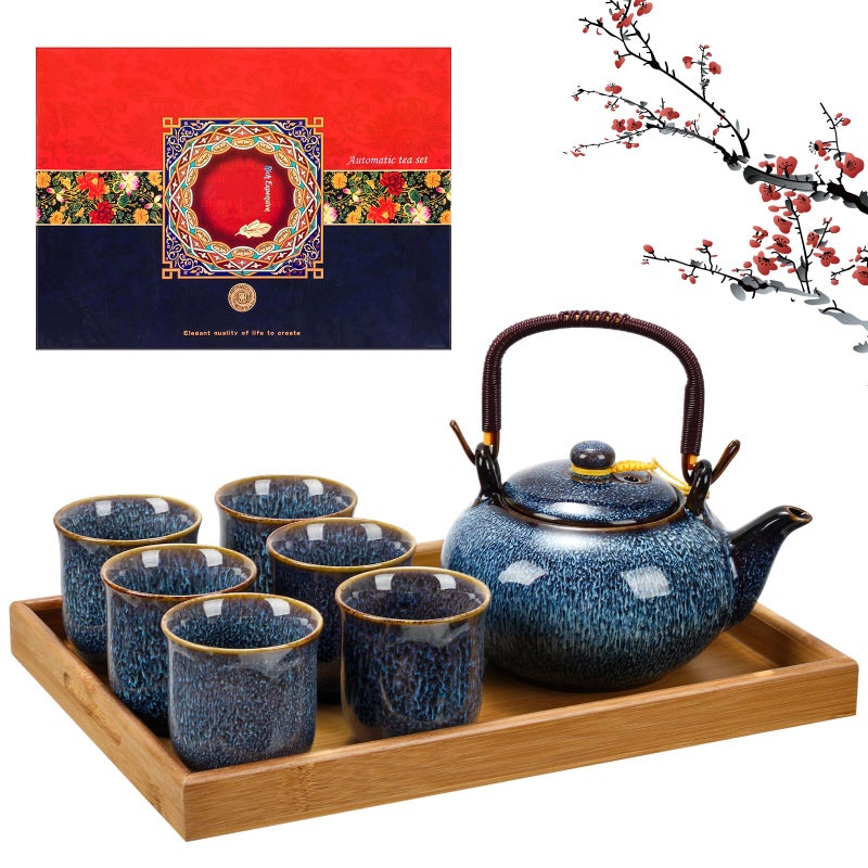 Layhit Japanese Asian Tea Set for Adults with 1 Teapot 6 Cups 1 Tray Traditional Portable Japanese Kiln Altered Glaze Porcelain Tea Set for Women Mothers Day GiftsBlue
