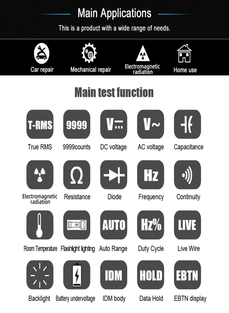 BSIDE S20 Intelligent EMF Multimeter Electromagnetic Radiation Detector 3.5-inch Colored Display 9999 Counts Auto Range Rechargeable Universal Meter Radiation Monitor AC/DC Voltmeter Ohmmeter Test Resistance Capacitance Frequency Diode Continuity Fir - Image 3