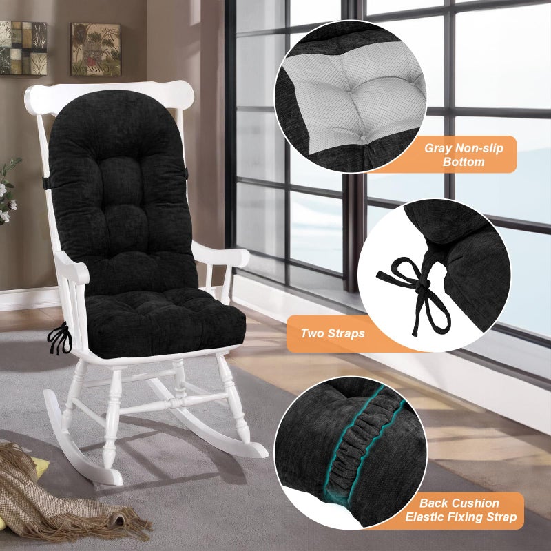 ROFIEJOX Rocking Chair Cushion - Chenille Fabric, High-Density Sponge, Durable Comfort Non-Slip Bottom Tufted Seat Pads with Ties, Chenilleï¸±Black, 44x19x4 inch - Image 4