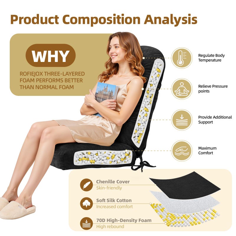 ROFIEJOX Rocking Chair Cushion - Chenille Fabric, High-Density Sponge, Durable Comfort Non-Slip Bottom Tufted Seat Pads with Ties, Chenilleï¸±Black, 44x19x4 inch - Image 3