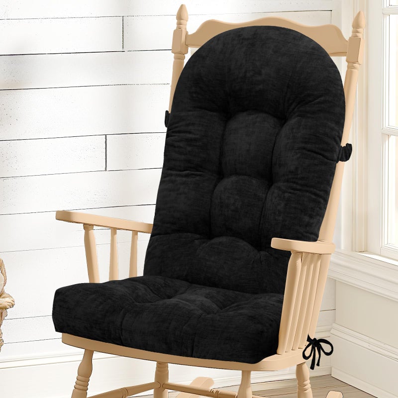 ROFIEJOX Rocking Chair Cushion - Chenille Fabric, High-Density Sponge, Durable Comfort Non-Slip Bottom Tufted Seat Pads with Ties, Chenilleï¸±Black, 44x19x4 inch - Image 1