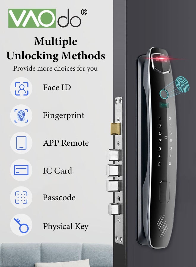 VAOdo Smart Door Lock with 3D Face Recognition, Remote APP monitoring, Smart WiFi Door Locks with Camera, 6 in 1 Keyless Entry Door Lock, Full Escutcheon Smart Door Handle, Digital Keypad Deadbolt for Home and Office - Image 3