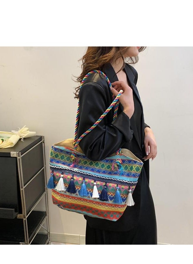 Ethnic Wind Large Capacity Canvas Shoulder Bag Tassel Decoration Blue Tote Bag 38*27*9  - Image 2