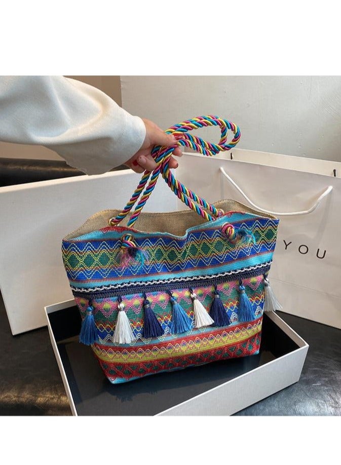 Ethnic Wind Large Capacity Canvas Shoulder Bag Tassel Decoration Blue Tote Bag 38*27*9  - Image 4