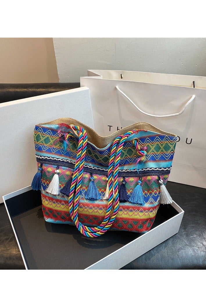 Ethnic Wind Large Capacity Canvas Shoulder Bag Tassel Decoration Blue Tote Bag 38*27*9  - Image 5