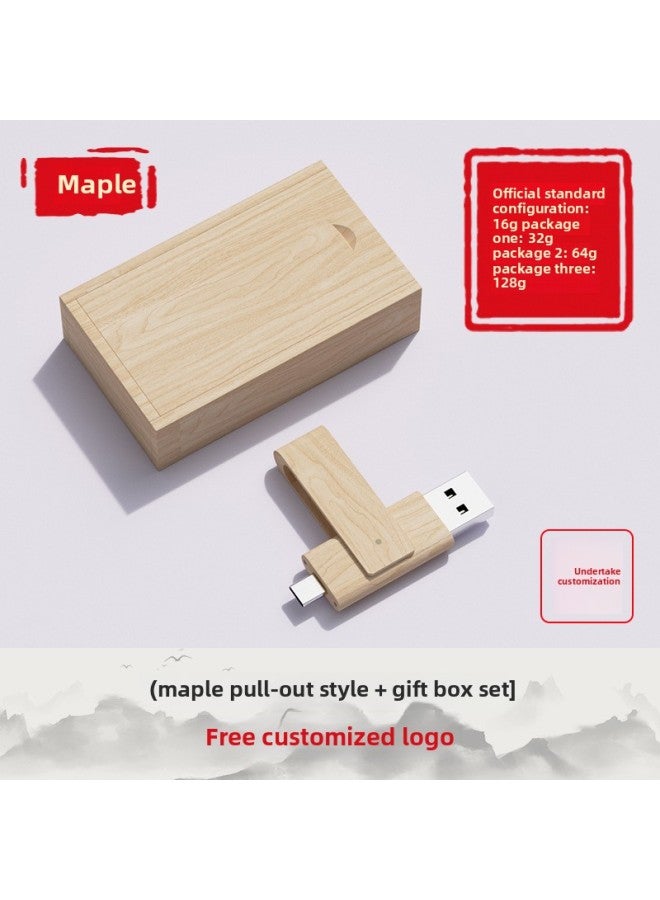Loquat Wooden Mobile Phone U Disk Typec Dual-interface Computer Dual-purpose Logo School Business Souvenir Gift-Color:Maple 【type-c Double Port】 + Wooden Box Set-Capacity:128GB  - Image 1
