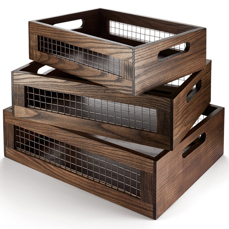 NAGAWOOD Wooden Nesting Countertop Baskets Set of 3 for Kitchen  Bathroom  Pantry Wooden storage organizer For Fruit  Vegetables Wooden Crate with handles Decorative Walnut Wood and Metal Wire - Image 1