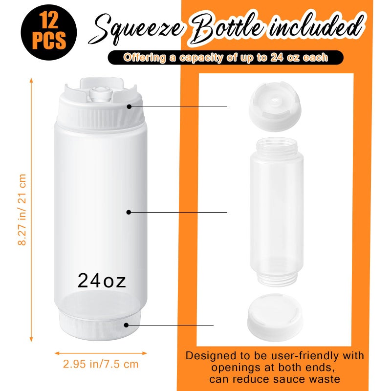 Singhoow 12 Pcs 24 oz Condiment Squeeze Bottles Restaurant Plastic Sauces Squeeze Ketchup Dispenser Inverted Refillable Large Clear Dressing Bottles for Restaurant Kitchen Catering - Image 2