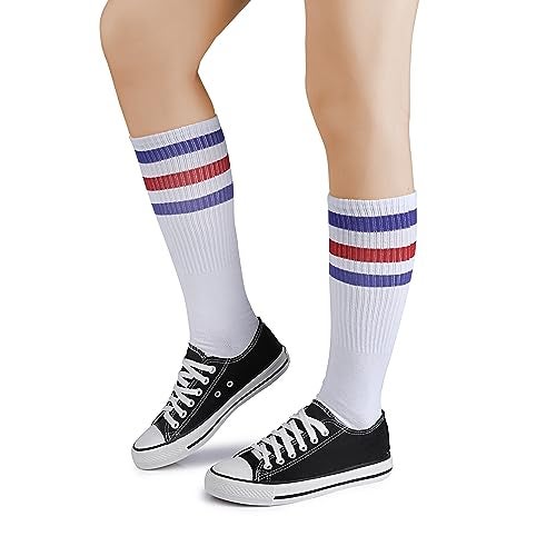 Leotruny Knee High Tube Socks: Over the Calf Retro Socks - Striped Tube Sock for Men Women White Blue Red - Image 2