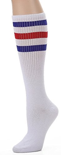 Leotruny Knee High Tube Socks: Over the Calf Retro Socks - Striped Tube Sock for Men Women White Blue Red - Image 1